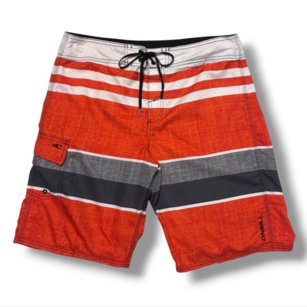 O’NEILL Striped Orange White Grey Black Color Block Board Shorts Size 34